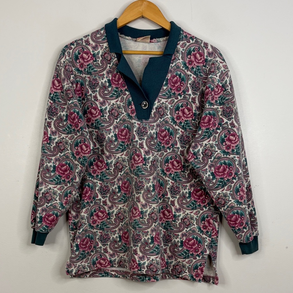 Vintage Top Womens Large Pink Green Floral Paisley Cotton Terry 80s Momcore